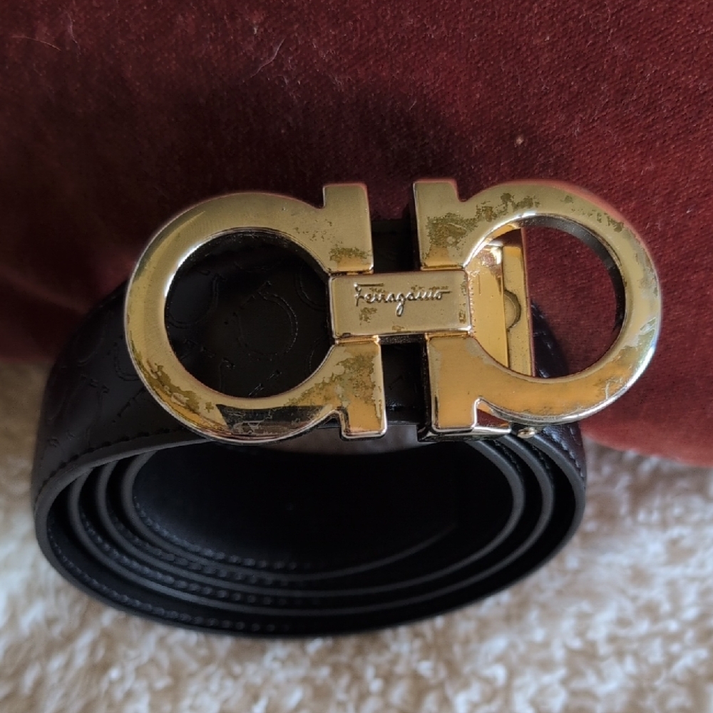 Salvatore Ferragamo Black Leather Belt with Gold Double Gancini Buckle